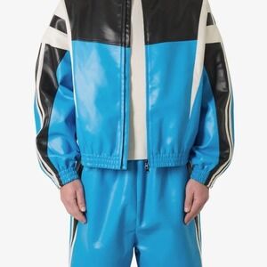 Mnml Faux Leather Track Jacket Blue Black White Colorblock Mens Medium